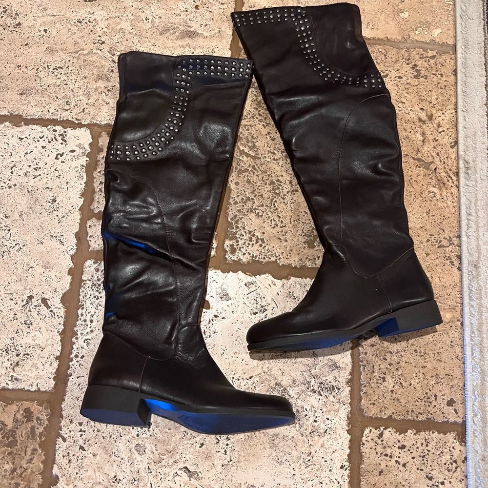 Matisse Studded Brown Leather Over Knee Boots 9.5 brown
